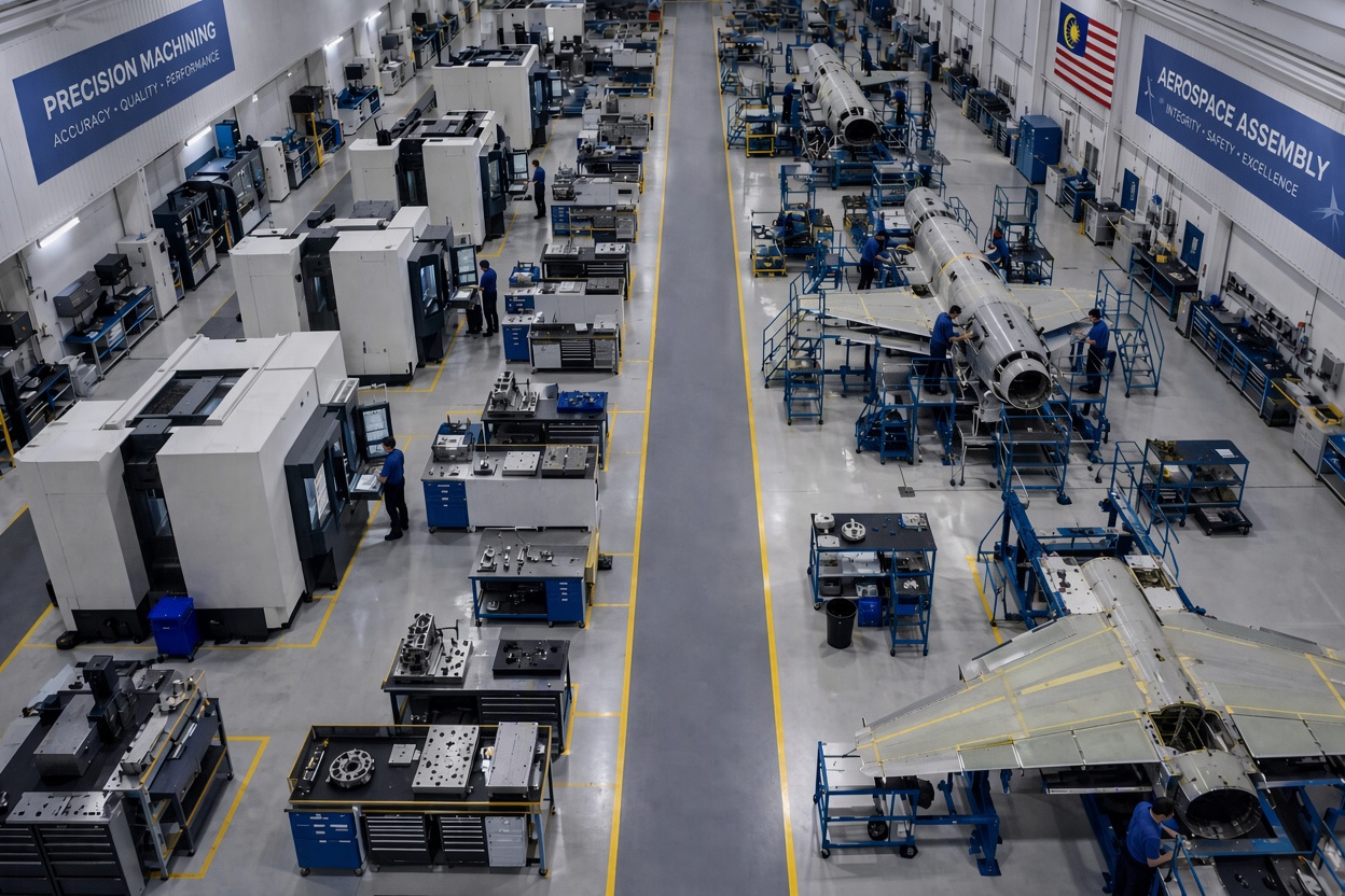 Top-down view of a high-tech aerospace factory: precision machining on the left, aerospace assembly on the right