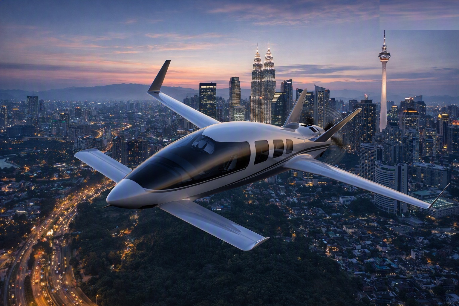 Concept design of a light sport small aircraft flying over Kuala Lumpur